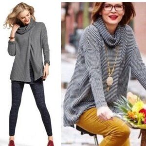 Cabi Split Front and Back Black and White Stripe Knit Cowl Neck Fergie Sweater